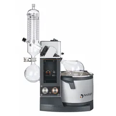 Motorized lift rotary evaporator with 5 L capacity, rotation speed range of 10 to 280 RPM, and 1300 W heating capacity. Features separate knobs for rotation and heating with locking function. Includes G3 vertical condenser. Suitable for solvent removal and concentration in laboratory settings.