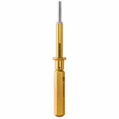 This extraction tool is designed for removing single pins from 12-contact-size connectors. It features an aluminum housing and a stainless steel probe. The 6-inch tool length allows precise pin removal in field and shop applications.