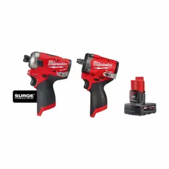 This 12V cordless combo kit includes an M12 FUEL drill/driver and impact wrench, powered by two M12 batteries. Suitable for drilling, driving, and fastening applications in confined spaces where a compact tool system is advantageous.