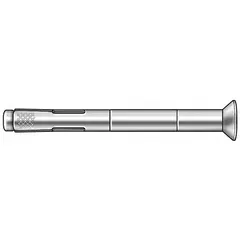 Flat-head sleeve anchor with 3/8 in diameter and 5/16"-18 thread size, made of zinc-plated steel. Used for fastening fixtures, brackets, and equipment to solid concrete, brick, or block. Suitable for indoor and sheltered outdoor applications. Supplied in a 50-pack.
