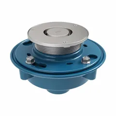 Cast iron round floor drain with 3-inch nominal pipe size and No Hub connection. Overall diameter 8 3/8 inches, overall height 6 inches. Used for floor drainage in institutional settings such as commercial kitchens and industrial facilities.