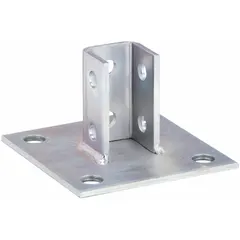 Electroplated steel post base for single strut channel, sized 1-5/8 in x 1-5/8 in with 6 mounting holes. Used to secure strut channel to floors or walls in industrial framing, cable tray, and pipe support systems for mechanical, electrical, and plumbing installations.