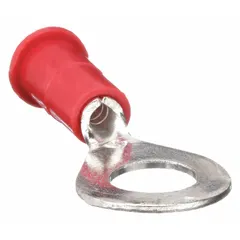 Vinyl insulated ring terminal for #8 stud size, accepting 22 AWG to 18 AWG wire. Rated 600 V. Used for terminating wires to terminal blocks, relays, and contactors in control panels and power distribution circuits.