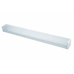 Linear LED fixture with steel housing for impact resistance in indoor or covered outdoor areas. Delivers 6,384 lm at 4000K color temperature, 50W power consumption, and operates on 120/277V AC. Measures 4 ft length by 4 5/8 in width. No NEMA enclosure rating or emergency battery backup.