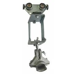This trolley is designed for festoon systems using C-track and round cables. It features a galvanized steel body, aluminum frame, and steel wheels. Compatible with cable diameters from 0.6 to 0.96 inches. Used in overhead crane and material handling applications to guide cables along track.