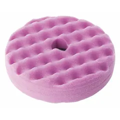 This 6-inch diameter purple foam pad features a waffle texture and unthreaded center hole, designed for use with polishers on painted surfaces. It combines the cut of a compounding pad with the finish of a polishing pad, with a maximum speed of 2,000 RPM. Suitable for automotive paint correction and detailing applications.