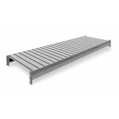 This shelf kit includes two powder-coated steel beams and steel ribbed decking, forming a 72 in x 24 in shelf with a 2,750 lb load capacity. The frame and decking are constructed from steel with an Industrial Gray finish. Suitable for heavy-duty storage in warehouses and distribution centers.