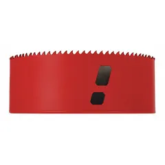 Multi-material-cutting hole saw with 5 1/2-inch diameter, 5/6 teeth per inch, and 5/8"-18 thread size. Maximum cutting depth of 1 7/8 inches. Suitable for cutting wood, metal, and plastic in construction, plumbing, and electrical applications.