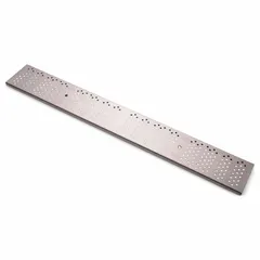 Rectangular trench drain grate with round holes, gray unfinished finish. Overall dimensions: 40 in length, 5 3/8 in width, 3/4 in height. Suitable for light-duty Class A applications such as pedestrian walkways, plazas, and areas with light vehicular traffic.