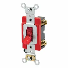 Single-pole toggle wall switch with maintained contact action. Rated 20 A at 277 V AC. Red illuminated handle provides visual status indication for use in low-light areas. Suitable for general on/off control of lighting or other loads in commercial and industrial settings.