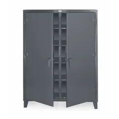This shelf-style shift cabinet from STRONG HOLD features a dark gray finish with 8 adjustable shelves and 2 swing doors. It is mounted on legs and arrives fully assembled. Suitable for industrial storage of tools, parts, and supplies in workshops, warehouses, and maintenance facilities.