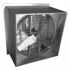 This direct-drive slant-wall exhaust fan features a 36-inch blade driven by a 1/2 hp Totally Enclosed Air Over motor, delivering 10,770 cfm. The galvanized steel frame resists corrosion. Suitable for agricultural ventilation applications such as livestock barns, greenhouses, and farm buildings to remove heat, moisture, and airborne particles.