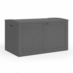 This SUNCAST storage trunk is made of gray plastic with a 134-gallon capacity. It features two recessed handles and a padlock closure for security. Measuring 49 1/4 x 29 3/4 x 28 inches, it is suitable for storing outdoor items such as patio cushions, gardening tools, and pool supplies.
