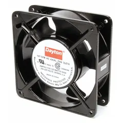 Square axial fan with polybutylene terephthalate blades. Delivers 107 cfm airflow at 0.000 in static pressure. Height 4 11/16 in, depth 1 1/2 in. Terminals connection, IP20 rating. Used for cooling and ventilation in electronic enclosures, control panels, and small equipment.