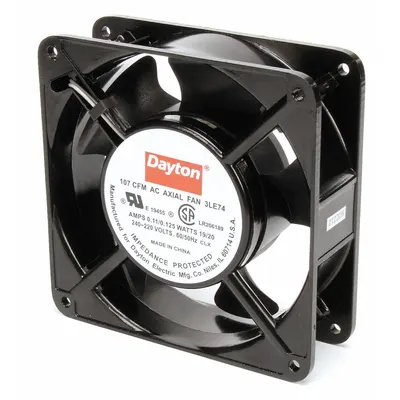 Dayton Axial Fan: 107 cfm Airflow @ 0.000 in SP, 4 11/16 in Ht, 1 1/2 in Dp, Terminals - Standard Square Axial Fans