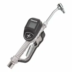 This manual digital metered dispense gun from GRACO features a stainless steel nozzle body and spout with a rigid extension. It is pressure activated and has a maximum flow rate of 8 gpm with a 1/2 in NPT connection. Wetted materials include aluminum, carbon steel, nitrile rubber, PBT, PC, stainless steel, and zinc. Suitable for precise dispensing of fluids in industrial settings.