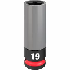 Metric 19 mm, 6-point, deep socket with non-marring construction for use on lug nuts and other fasteners where surface protection is required. Features a black phosphate finish and 1/2 in drive size.