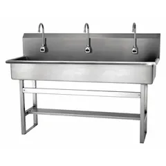 This three-station freestanding wash station features a 57-inch bowl length and 8-inch bowl depth. It is equipped with battery-powered sensor faucets delivering 0.5 gpm flow rate. Side splash is not included. Suitable for commercial environments requiring hands-free handwashing.