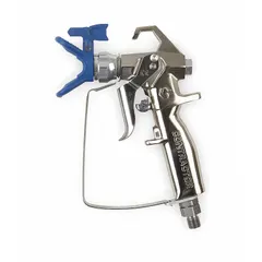 Stainless steel airless spray gun with 1/4 in NPSM air inlet, compatible with enamels. Includes RAC x HandTite Guard for tip protection. Weighs 1.49 lb. Suitable for industrial finishing and painting applications.