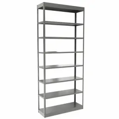 This HALLOWELL heavy-duty standalone open metal shelving unit features a steel frame and steel shelves, with a bolted and clip-mount design for full access. It includes 8 shelves, measures 36 inches wide by 12 inches deep by 84 inches high, and is finished in gray. The unit is unassembled and suitable for organizing tools, parts, and bulk materials in industrial storage areas.