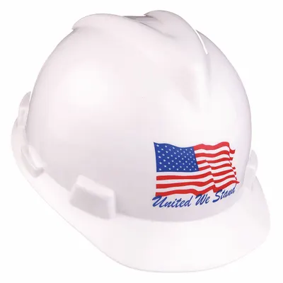 MSA Hard Hat: White, American Flag, Ratchet (4-Point), Ratchet, Polyethylene - Patriotic Front-Brim Hard Hats (Type 1, Class E)