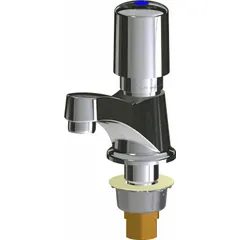 Single-post push-button metering bathroom faucet in polished chrome finish. Constructed of cast brass with an aerated outlet and NPSM connections. Includes mounting hardware. Suitable for commercial restroom applications requiring timed water shut-off.