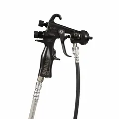 This GRACO HVLP spray gun features a plastic body and a 13-1/2 in spray pattern. It has a 1/4 in NPSM air inlet and consumes 8.1 scfm at 19 psi. The gun includes an air cap and is compatible with enamels, epoxies, paints, and sealers. Typical applications include industrial finishing, woodworking, and automotive refinishing where controlled, high-transfer-efficiency coating is required.