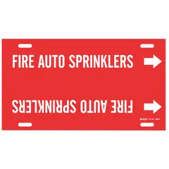 Red strap-on pipe marker with white legend text, designed to fit pipe outer diameters of 10 to 15 inches. Includes directional arrows and displays the legend 'Fire Auto Sprinklers'. Used to identify fire sprinkler piping in industrial facilities.