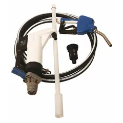 This lever-operated piston hand pump delivers 10 oz per stroke for transferring diesel exhaust fluid. It features a polypropylene housing, polyethylene suction tube, and includes a hose, nozzle, and spout. Suitable for dispensing DEF from drums or tanks in fleet maintenance and industrial settings.