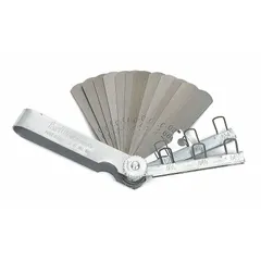 This GEARWRENCH spark plug gap gauge combines a 12-blade feeler gauge with a 6-wire gap gauge set for use with standard ignition systems. It measures 3 5/16 inches in length, has a capacity range of 0.010 to 0.045 inches, and includes a double-ended electrode tool. The steel construction with silver finish is suited for engine maintenance tasks such as setting spark plug gaps.