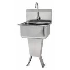 This one-station freestanding hand sink with faucet is constructed from 18 ga material and features a 19 in bowl length and 10 in bowl depth. It operates at a flow rate of 2 gpm and is battery powered, allowing installation where electrical wiring is unavailable. Suitable for commercial restrooms, healthcare facilities, and food service areas requiring touch-free operation.
