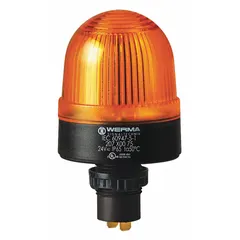 Wired flashing light with yellow xenon lens, operating at 24V DC. Threaded mount with 2 1/4 in diameter and 4 1/16 in height. Used for visual signaling in industrial environments such as machine status indication or safety warnings.