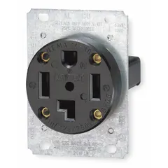 Single general-purpose receptacle with NEMA 14-30 configuration, rated 125/250V AC and 30A. Features 3 poles and 4 wires in a black finish. Suitable for power distribution in industrial or commercial environments requiring a 30A, 125/250V connection.