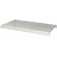 Steel decking bulk rack shelf kit, 96 x 24 x 3-1/8 inches, with 14 ga beams. Powder-coated steel frame and steel decking in light gray. Includes cross bars. Load capacity 3,000 lb. Suitable for palletized or bulk storage on industrial shelving systems.