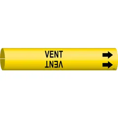 Snap-on pipe marker with yellow background and black 'Vent' legend including directional arrows. Fits pipe outer diameters from 3/4 to 1-3/8 inches. Used for identifying vent piping systems in industrial facilities.