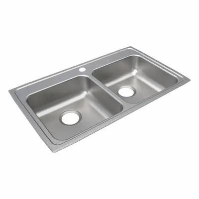 JUST MANUFACTURING Bowl Drop-In Sink: 33 in Overall Lg, 19 1/2 in Overall Wd, 6 in Bowl Dp - Two-Bowl Counter-Mounted Kitchen & Bar Sinks without Faucets