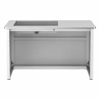 This VERSADESK computer desk features a white wood desktop and a white steel frame, measuring 48 inches wide by 31 inches high. It includes a modesty panel for a clean appearance and has no drawers. Suitable for home or office workstation setups, it accommodates standard monitor, keyboard, and accessory placement
