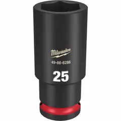 This 1/2" drive impact socket is designed for use with impact tools to fasten and loosen nuts and bolts. The 25 mm metric, 6-point deep profile allows access to recessed fasteners. Friction retention helps secure the socket on the anvil. Black phosphate finish.