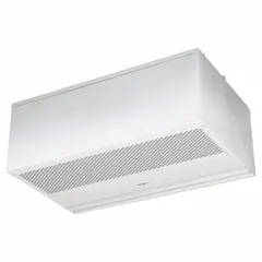 This heated recess-mounted air curtain is designed for a 3 ft opening width. It operates at 1,217 cfm and 208V AC, single phase, with a white aluminum housing. The unit creates an invisible air barrier over doorways to separate indoor and outdoor environments, reducing energy loss and preventing drafts, dust, and insects from entering.
