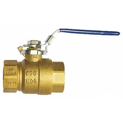 Two-piece straight ball valve with 2-1/2 inch FNPT connections. Brass body with locking lever handle for manual on/off flow control. Suitable for water, oil, and gas service in industrial piping systems.