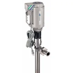 Sanitary progressive cavity electric drum pump with 1 hp motor, 115 V AC, and 316 stainless steel suction tube. Delivers up to 300 ft head. Includes spout. Suitable for transferring fluids from drums or containers in applications requiring hygiene and corrosion resistance.
