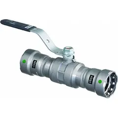 This 1-inch carbon steel ball valve features a straight, two-piece body with press x press connections for rapid installation without threading or welding. The locking lever handle provides secure flow control in commercial and industrial piping systems, suitable for HVAC, plumbing, and process applications.