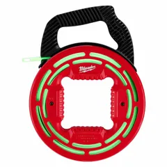 This non-conductive fish tape is designed for pulling wires through conduit, walls, and ceilings. It features a round tape shape with a non-conductive eyelet end style and an internal rotating, low-friction design to reduce pulling resistance. The tape is housed in a case with a 9 1/2 in diameter.