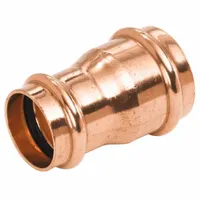 This NIBCO Press System straight coupling is a copper or bronze press-fit tube fitting with 2 1/2 in CTS and 1 1/2 in CTS press-fit connections. It is used to join copper or bronze tubing in plumbing systems for water supply and other fluid handling applications