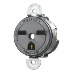 General-purpose single receptacle with NEMA 6-15 configuration, rated 15 A at 250V AC, 2-pole/3-wire grounding. Black finish. Suitable for powering equipment such as air conditioners, compressors, and machinery in commercial and industrial settings.