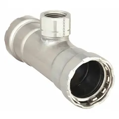 Steel press tee fitting with EPDM seal for creating branch connections in piping systems. Suitable for potable water, HVAC, and industrial applications. Size: 2 in x 2 in x 1/2 in.