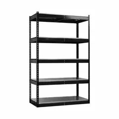 Medium-duty boltless shelving unit with solid steel decking. Black powder-coated finish. Open side panel with angle beam profile. Includes five shelves. Maximum post load capacity of 2,875 lb with beams evenly spaced at 42 in. Suitable for industrial storage of parts, tools, and boxes in warehouses and workshops.