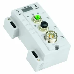 Fieldbus communication module for G3 Series pneumatic valve systems. Supports EtherNet/IP™ protocol for industrial automation communication. Equipped with a male plug connector for integration into control networks.
