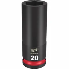 This 1/2" drive deep impact socket features a 20 mm metric, 6-point design with friction retention. The black phosphate finish provides corrosion resistance. It is used with impact wrenches for heavy-duty fastening and loosening tasks in automotive, construction, and industrial maintenance.