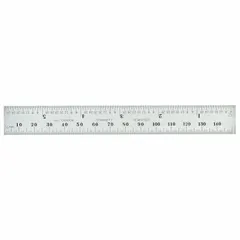 Spring-tempered steel ruler with chrome finish, 6 inches (150 mm) long and 0.05 inches thick. Etched graduations in 1/64-inch and decimal scales for precise linear measurement. Suitable for layout, setup, and dimensional checks in industrial workshops.